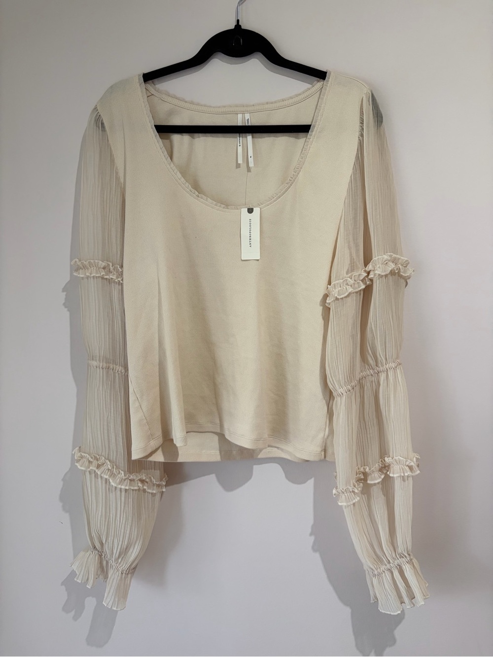 NWT Anthropologie Victorian Ruffled Cream Sheer Long Sleeve Top